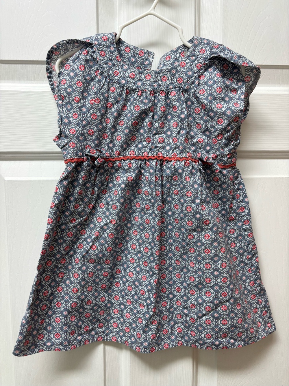 Angel Dear Navy Blue and Coral Floral Medallion Decorative Tie-Waist Dress 3T